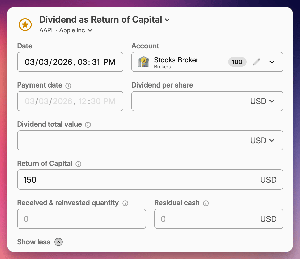 Dividend transaction with Return of Capital field